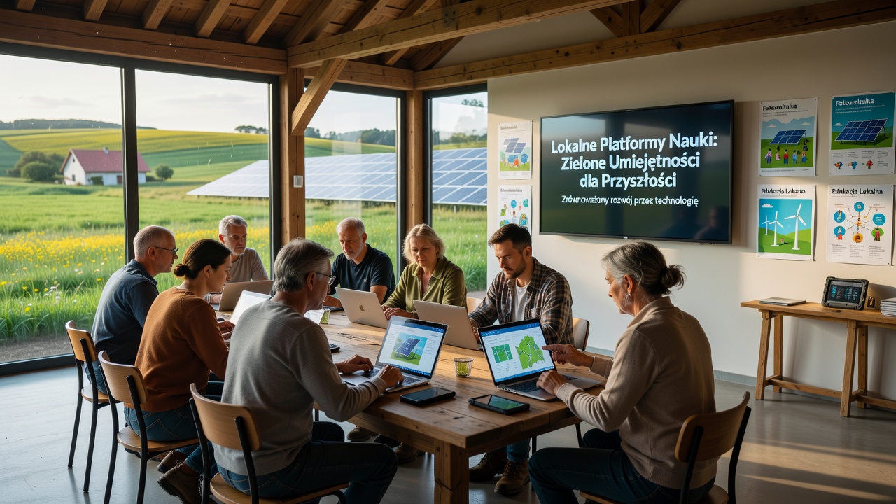 Participants in a rural Polish workshop using tablets for green technology training sessions