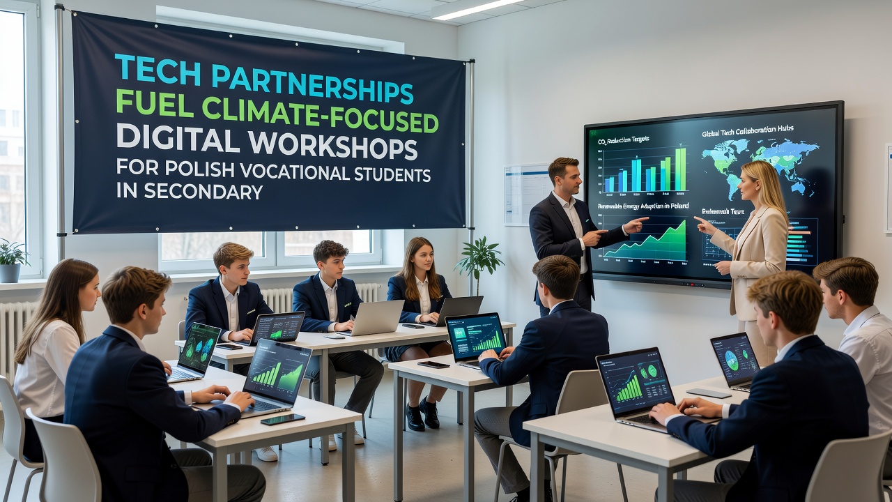 Group of vocational students in Poland working together on climate data analysis during a tech-enabled workshop session